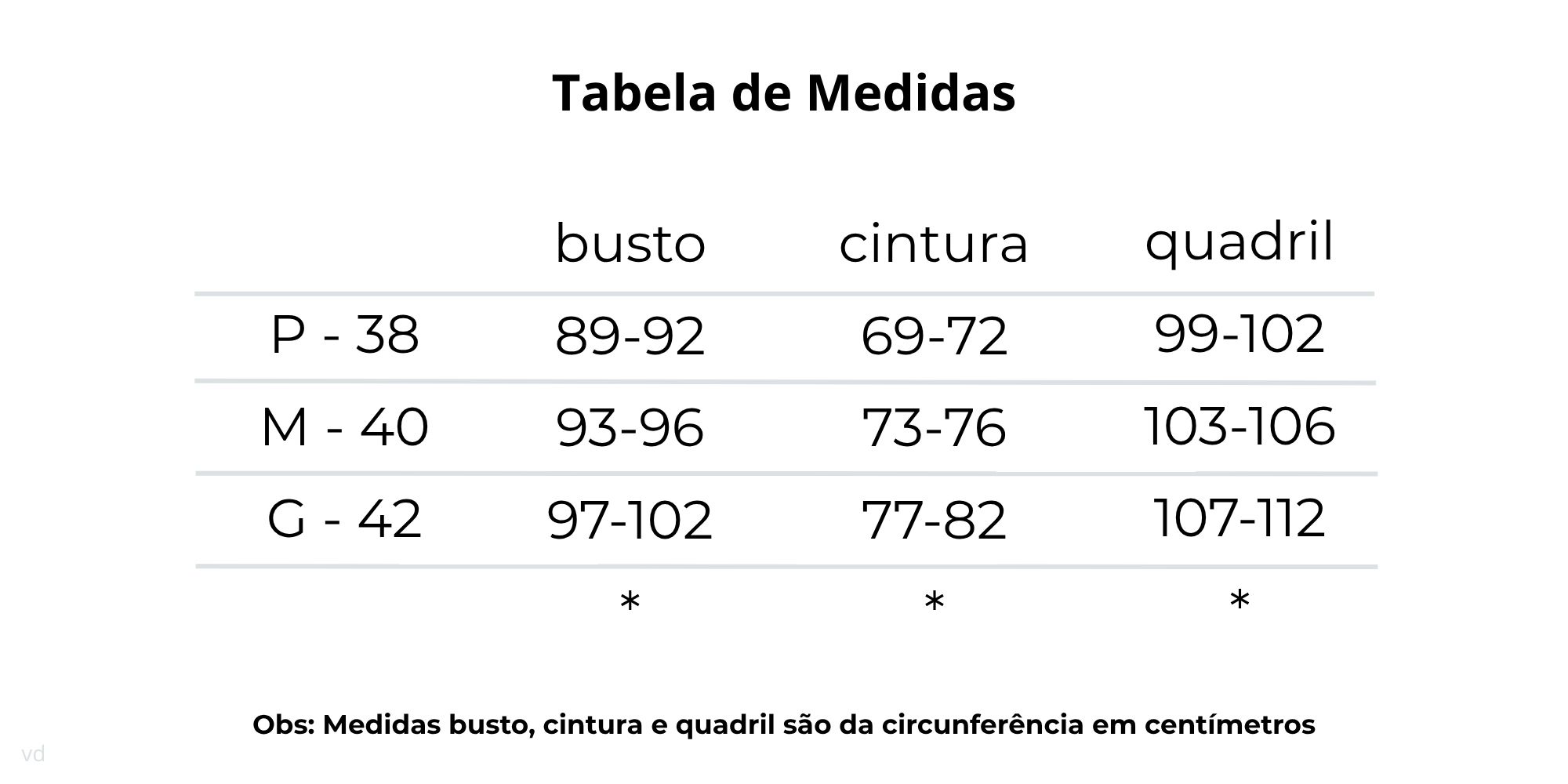 tabela de medidas